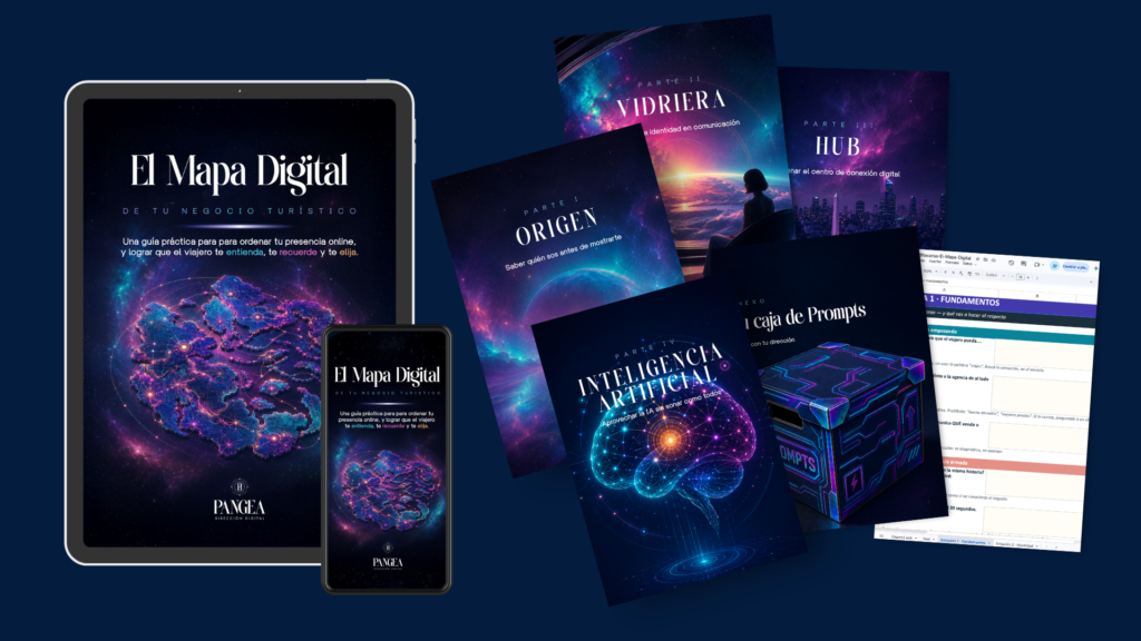 Páginas interiores del manual de marketing digital para turismo Tapas e interior del Ebook de Pangea Direccion Digital para Turismo
